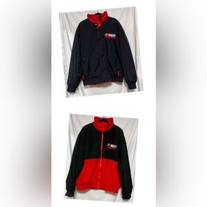 Vintage NASCAR Black and Red Reversible Fleece Racing Jacket Coat w/ Rain Hood